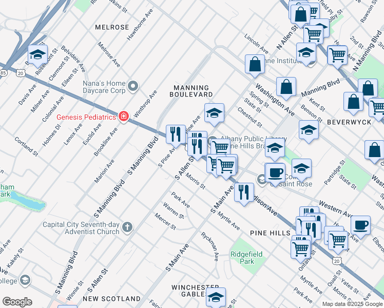 map of restaurants, bars, coffee shops, grocery stores, and more near 4 South Allen Street in Albany