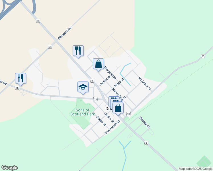 map of restaurants, bars, coffee shops, grocery stores, and more near 217 Currie Road in Elgin County