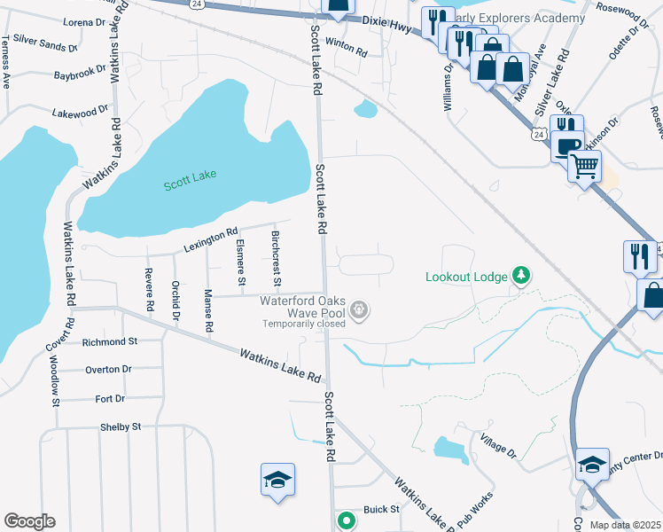map of restaurants, bars, coffee shops, grocery stores, and more near 1878 Colonial Village Way in Waterford Township