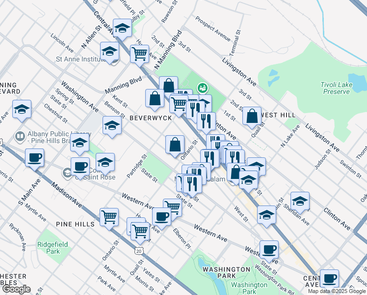 map of restaurants, bars, coffee shops, grocery stores, and more near 1 Kent Street in Albany