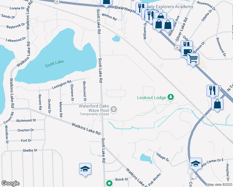 map of restaurants, bars, coffee shops, grocery stores, and more near 1824 Colonial Village Way in Waterford Township
