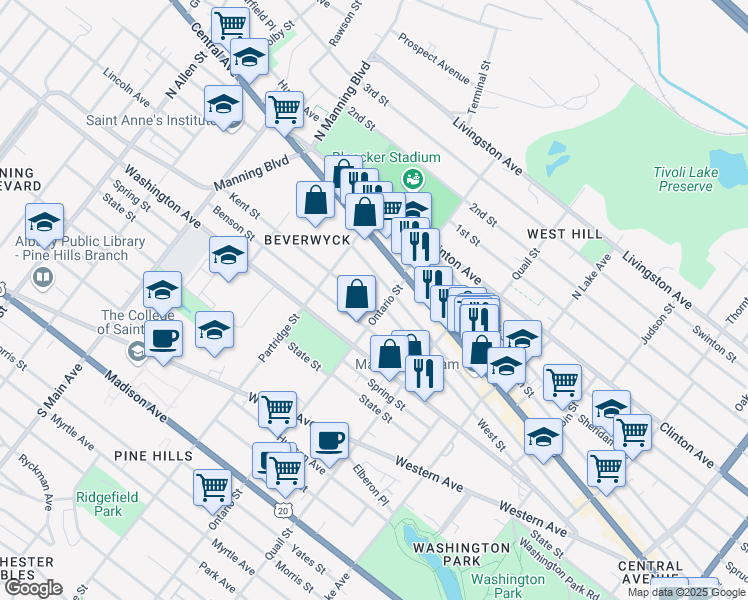 map of restaurants, bars, coffee shops, grocery stores, and more near 148 Ontario Street in Albany