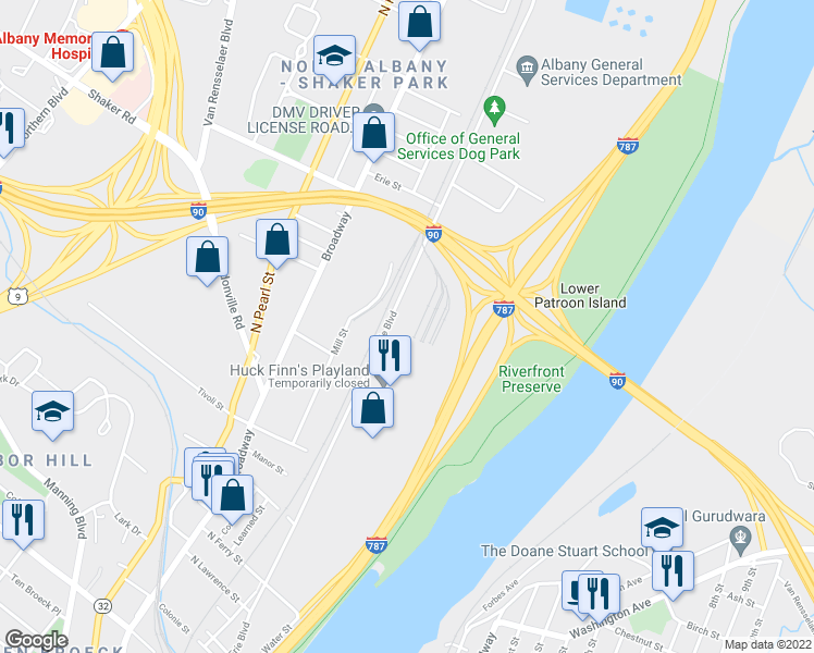 map of restaurants, bars, coffee shops, grocery stores, and more near 49 Erie Boulevard in Albany