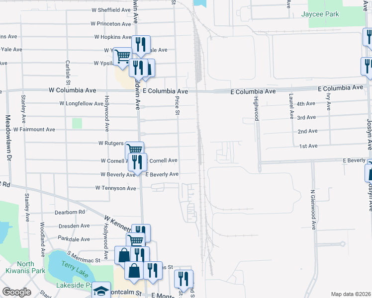 map of restaurants, bars, coffee shops, grocery stores, and more near 93 East Cornell Avenue in Pontiac