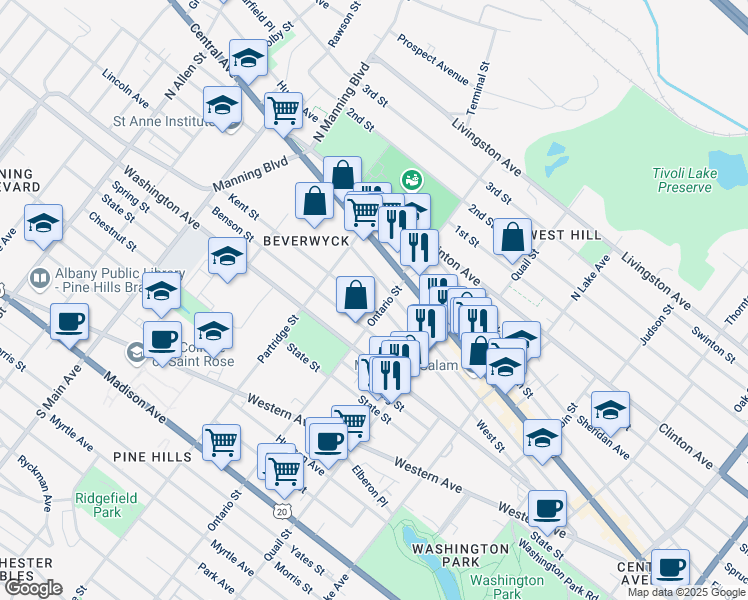 map of restaurants, bars, coffee shops, grocery stores, and more near 148 Ontario Street in Albany