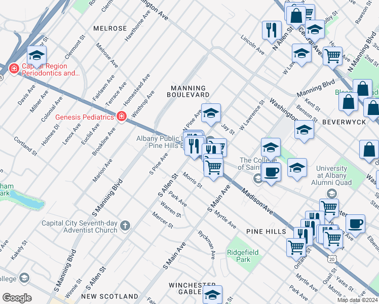 map of restaurants, bars, coffee shops, grocery stores, and more near 5 South Allen Street in Albany
