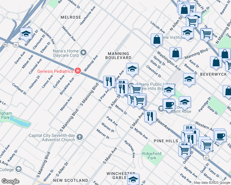 map of restaurants, bars, coffee shops, grocery stores, and more near 5 South Allen Street in Albany