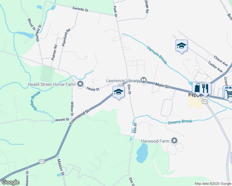 map of restaurants, bars, coffee shops, grocery stores, and more near 14 Townsend Street in Pepperell