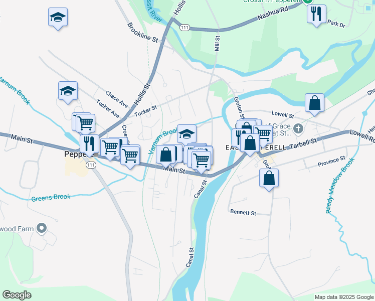 map of restaurants, bars, coffee shops, grocery stores, and more near in Pepperell