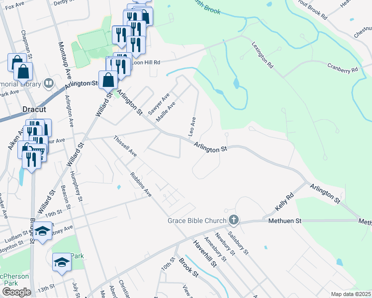 map of restaurants, bars, coffee shops, grocery stores, and more near 103 Lillian Terrace in Dracut
