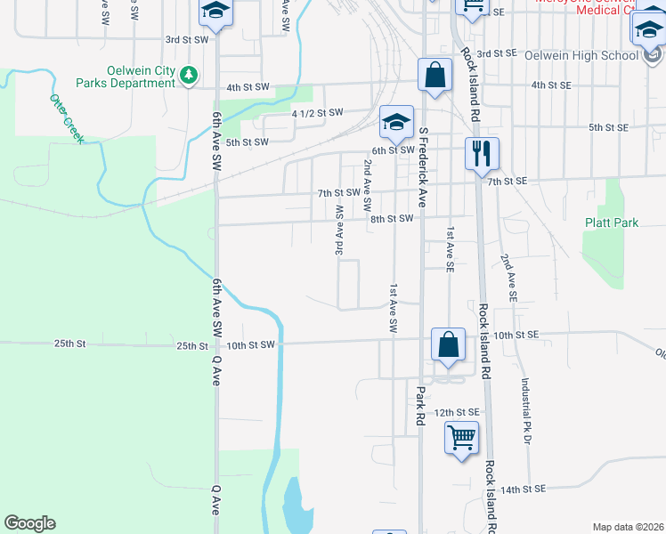 map of restaurants, bars, coffee shops, grocery stores, and more near 900 3rd Avenue Southwest in Oelwein