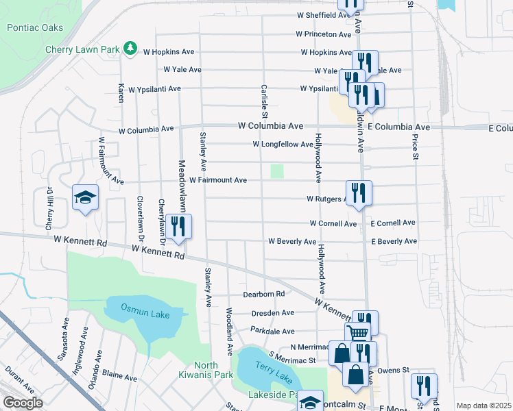 map of restaurants, bars, coffee shops, grocery stores, and more near 192 West Cornell Avenue in Pontiac
