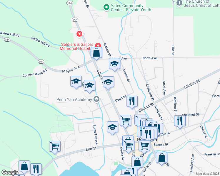map of restaurants, bars, coffee shops, grocery stores, and more near 519 Liberty Street in Penn Yan