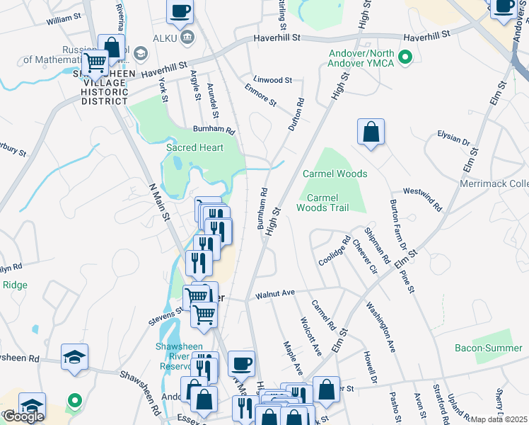 map of restaurants, bars, coffee shops, grocery stores, and more near 116 High Street in Andover