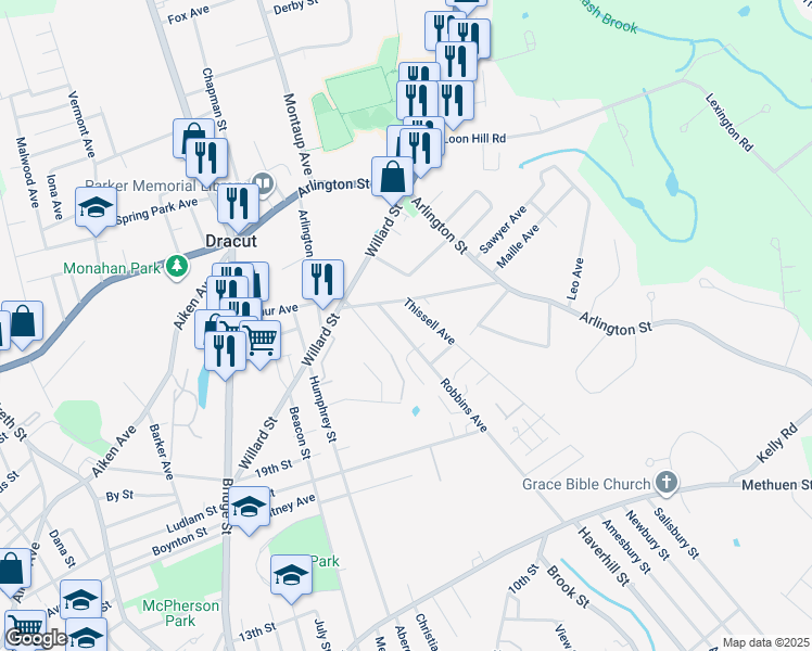 map of restaurants, bars, coffee shops, grocery stores, and more near 700 Robbins Avenue in Dracut