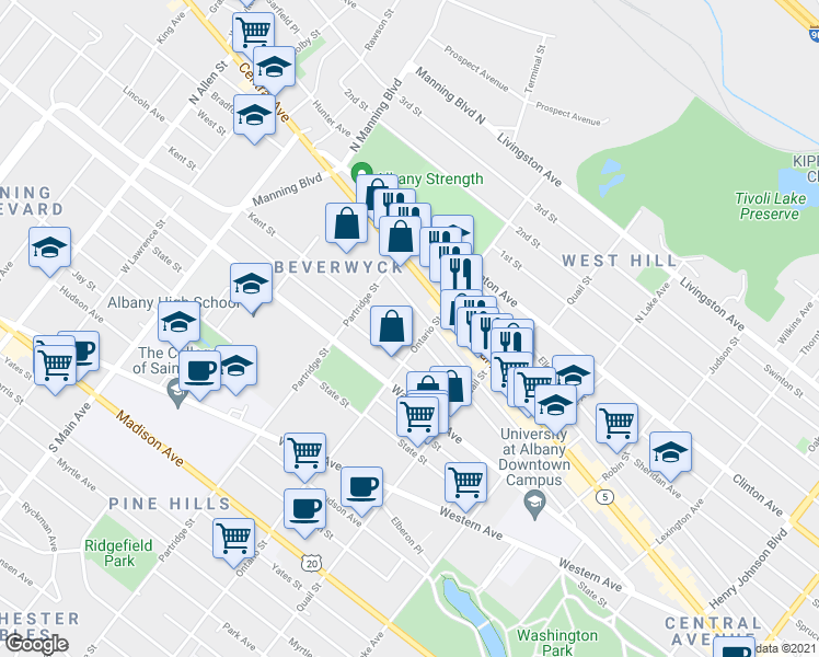 map of restaurants, bars, coffee shops, grocery stores, and more near 148 Ontario Street in Albany