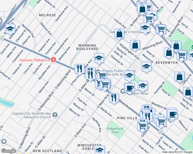 map of restaurants, bars, coffee shops, grocery stores, and more near 536 Western Avenue in Albany