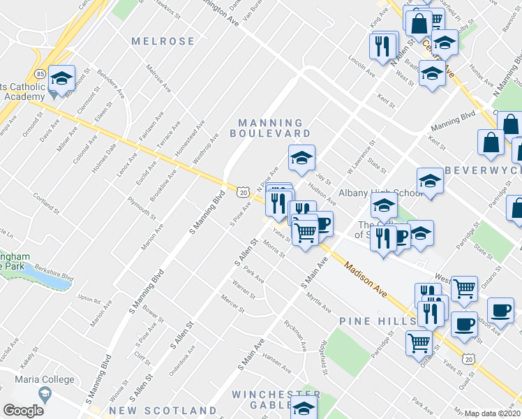map of restaurants, bars, coffee shops, grocery stores, and more near 5 South Allen Street in Albany