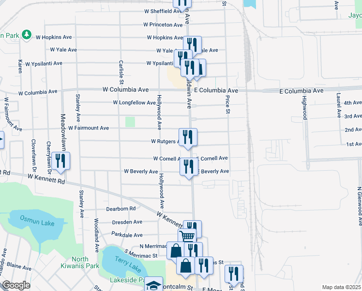 map of restaurants, bars, coffee shops, grocery stores, and more near 24 West Cornell Avenue in Pontiac