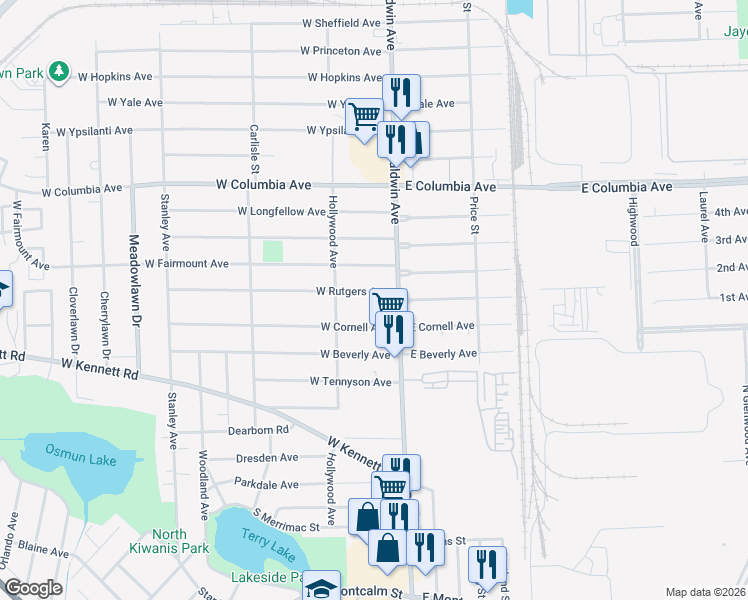 map of restaurants, bars, coffee shops, grocery stores, and more near 24 West Cornell Avenue in Pontiac