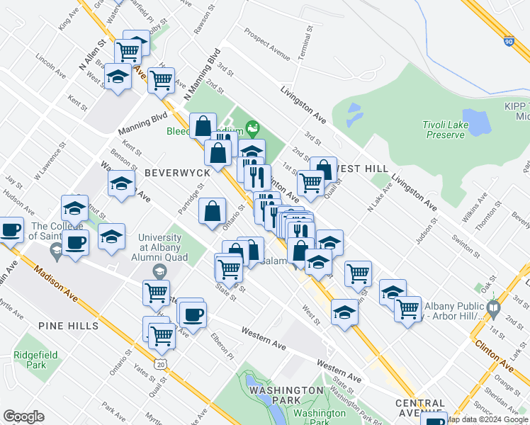 map of restaurants, bars, coffee shops, grocery stores, and more near 373 Central Avenue in Albany