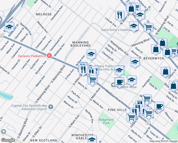 map of restaurants, bars, coffee shops, grocery stores, and more near 517 Western Avenue in Albany