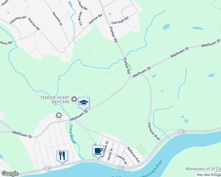 map of restaurants, bars, coffee shops, grocery stores, and more near 1117 Methuen Street in Dracut