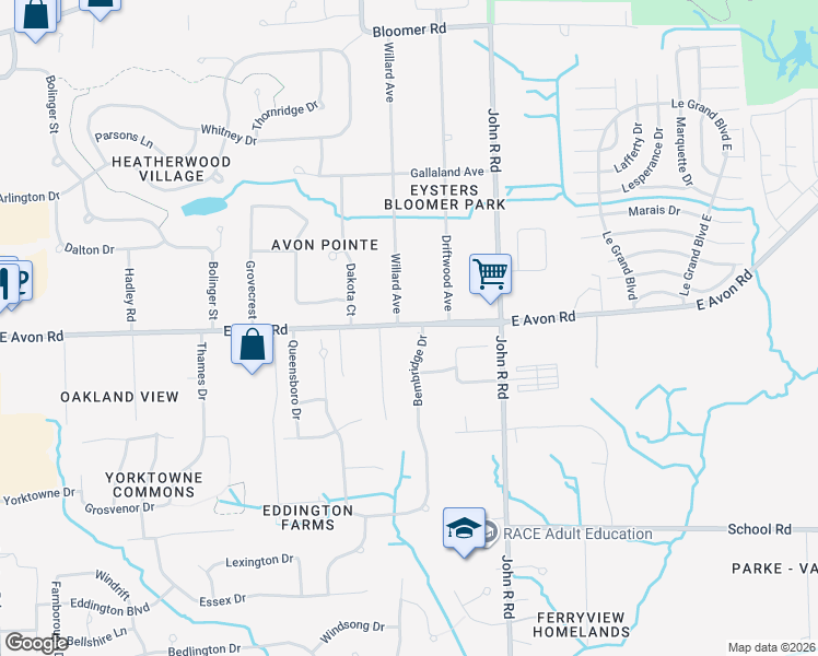 map of restaurants, bars, coffee shops, grocery stores, and more near 1024 Bembridge Drive in Rochester Hills