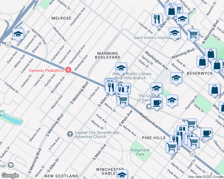 map of restaurants, bars, coffee shops, grocery stores, and more near Western Ave & N Allen St in Albany