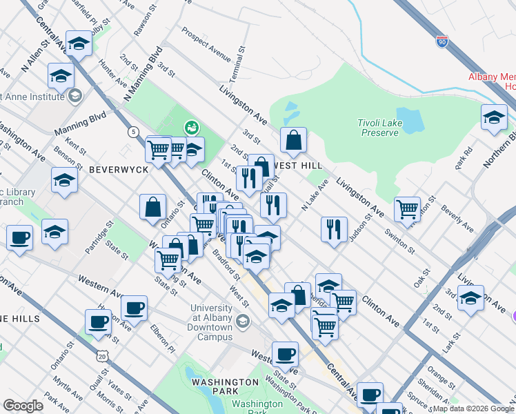 map of restaurants, bars, coffee shops, grocery stores, and more near 585 Clinton Avenue in Albany