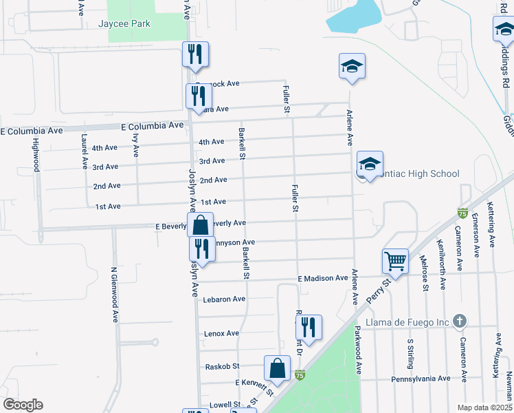 map of restaurants, bars, coffee shops, grocery stores, and more near 627 East Beverly Avenue in Pontiac
