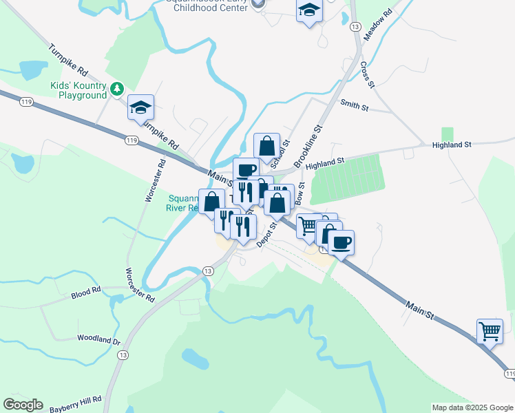 map of restaurants, bars, coffee shops, grocery stores, and more near 8 Elm Street in Townsend