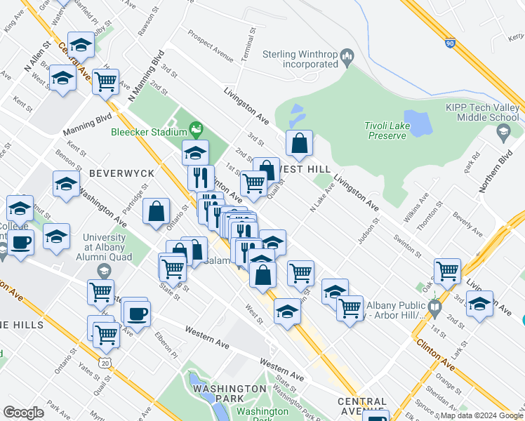 map of restaurants, bars, coffee shops, grocery stores, and more near 447 Elk Street in Albany