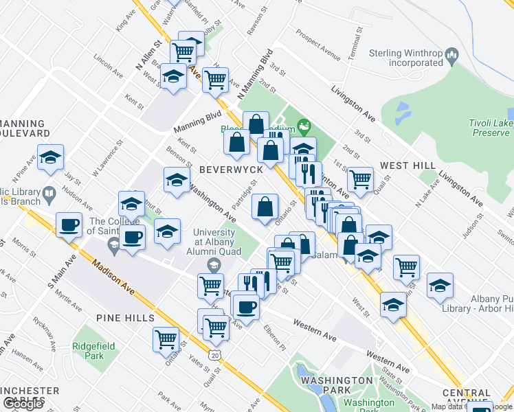 map of restaurants, bars, coffee shops, grocery stores, and more near 59 Benson Street in Albany