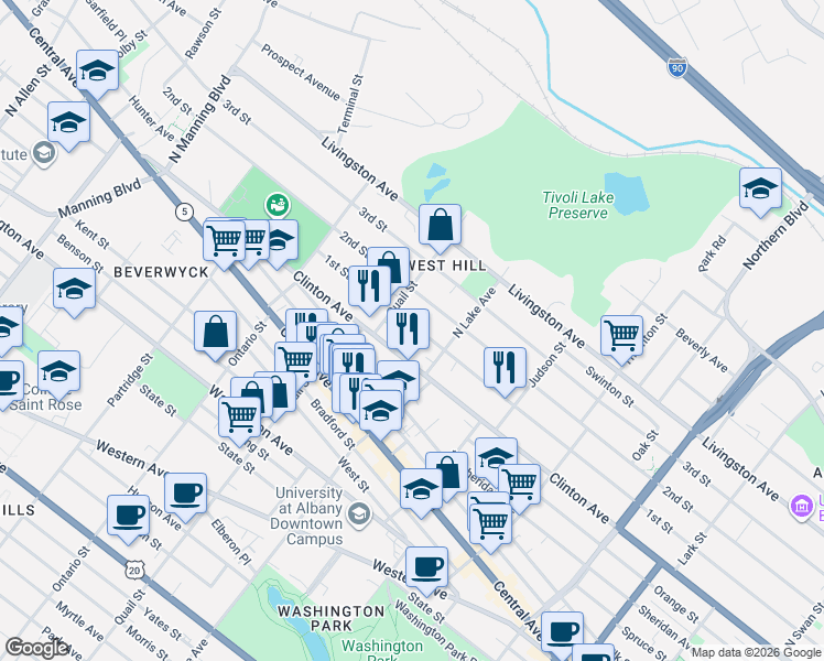 map of restaurants, bars, coffee shops, grocery stores, and more near 585 Clinton Avenue in Albany