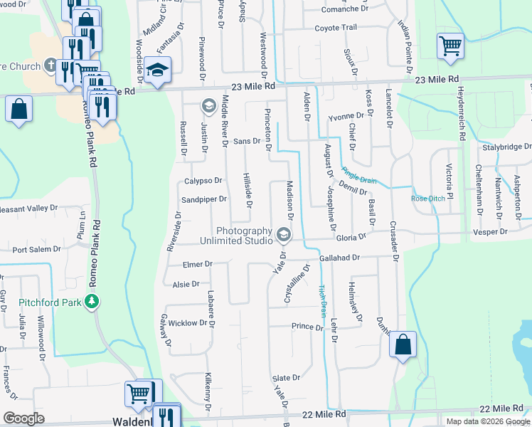 map of restaurants, bars, coffee shops, grocery stores, and more near 50112 Oxford Drive in Macomb