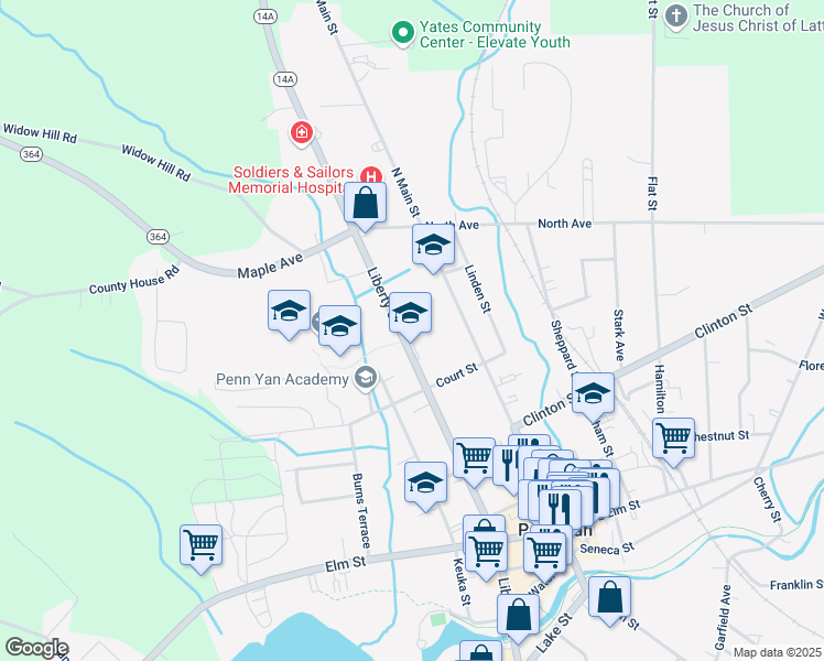 map of restaurants, bars, coffee shops, grocery stores, and more near 519 Liberty Street in Penn Yan