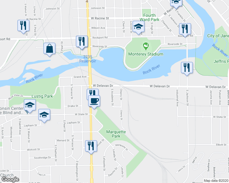 map of restaurants, bars, coffee shops, grocery stores, and more near 1015 South Academy Street in Janesville