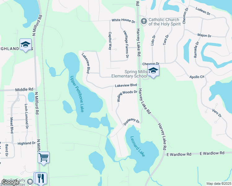 map of restaurants, bars, coffee shops, grocery stores, and more near 2915 Lakeway in Highland Charter Township