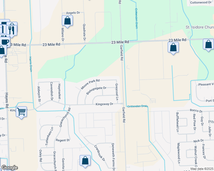 map of restaurants, bars, coffee shops, grocery stores, and more near 16322 Bishopsgate Drive in Macomb