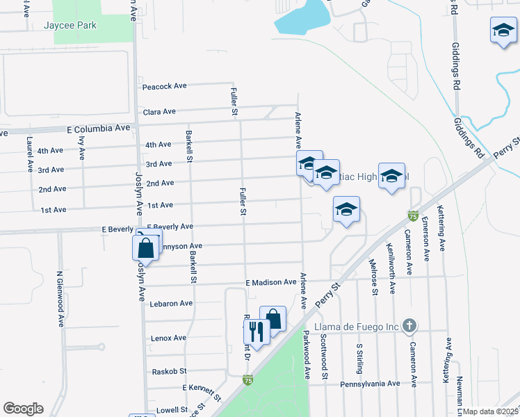 map of restaurants, bars, coffee shops, grocery stores, and more near 753 East Beverly Avenue in Pontiac