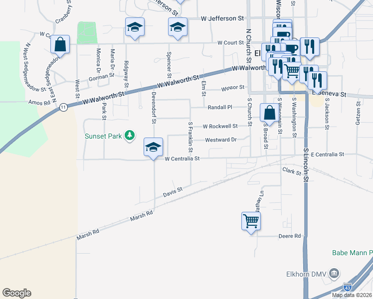 map of restaurants, bars, coffee shops, grocery stores, and more near 403 South Franklin Street in Whitewater