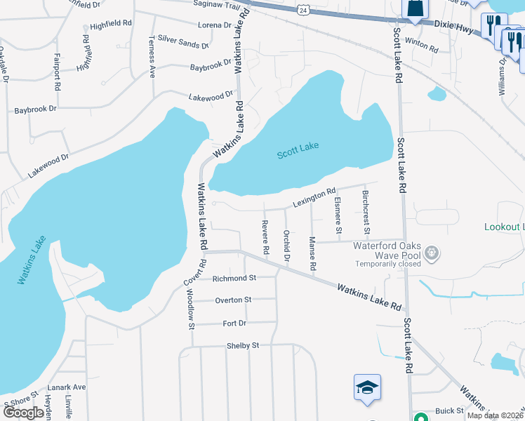 map of restaurants, bars, coffee shops, grocery stores, and more near 1830 Revere Road in Waterford Township