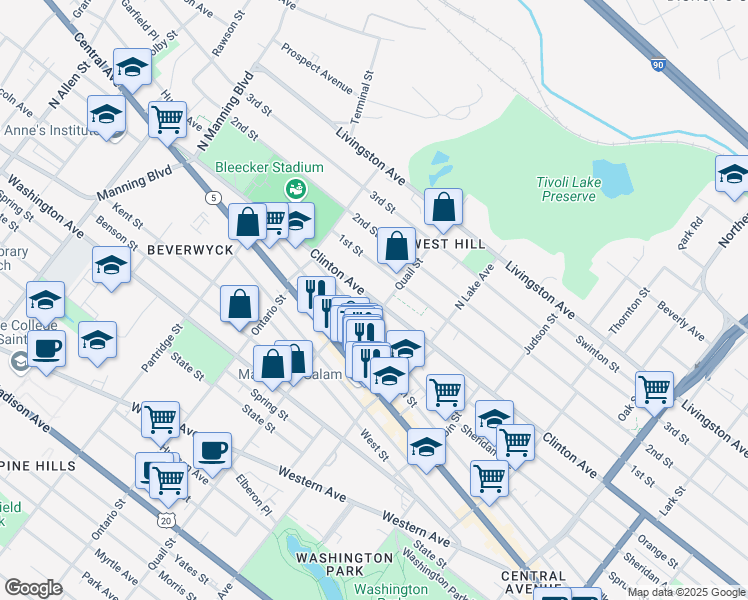 map of restaurants, bars, coffee shops, grocery stores, and more near Clinton Avenue & Quail Street in Albany