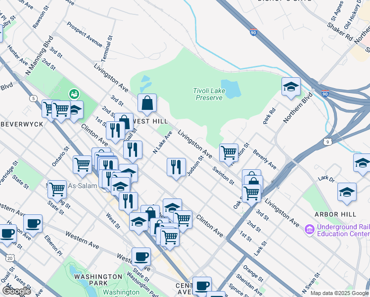 map of restaurants, bars, coffee shops, grocery stores, and more near 344 3rd Street in Albany