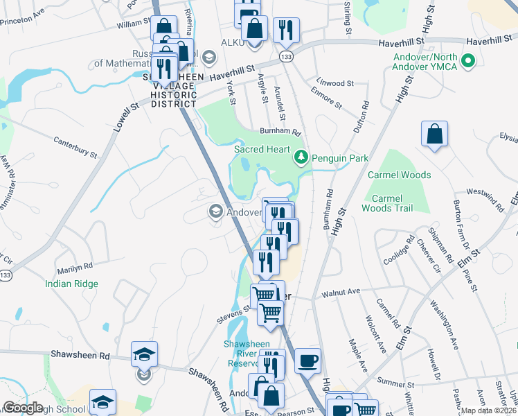 map of restaurants, bars, coffee shops, grocery stores, and more near 70 Washington Park Drive in Andover