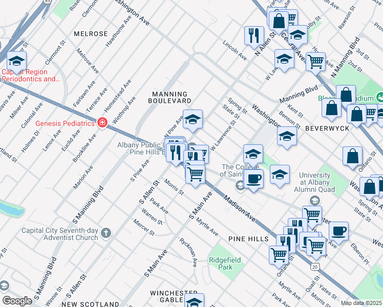 map of restaurants, bars, coffee shops, grocery stores, and more near 517 Western Avenue in Albany