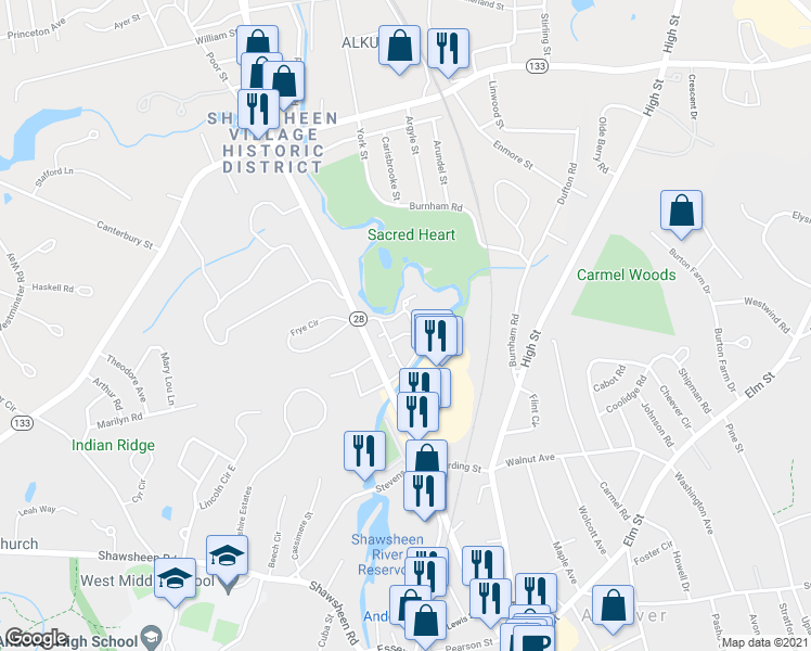 map of restaurants, bars, coffee shops, grocery stores, and more near 100 Washington Park Drive in Andover