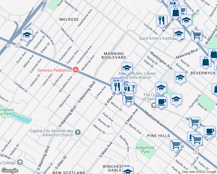 map of restaurants, bars, coffee shops, grocery stores, and more near 1 South Pine Avenue in Albany