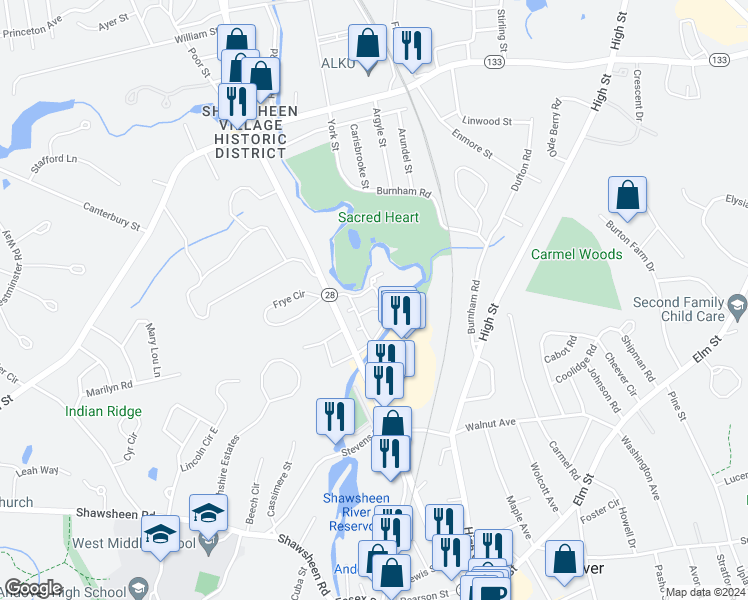 map of restaurants, bars, coffee shops, grocery stores, and more near 100 Washington Park Drive in Andover